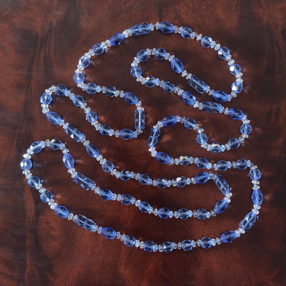 Vintage 1920’s Czech Glass Flapper Necklace; Blue & Clear Geometric Beads; 54”